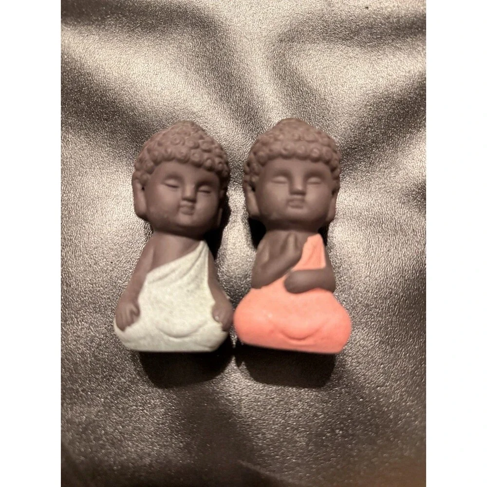 Set of 2 Mini Ceramic Buddha Monk Figurines Zen Meditation Blue Pink 3.5”